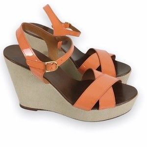 JCREW J CREW Women Orange Patent Leather Strappy Wedges Platform Heels Sandals 7
